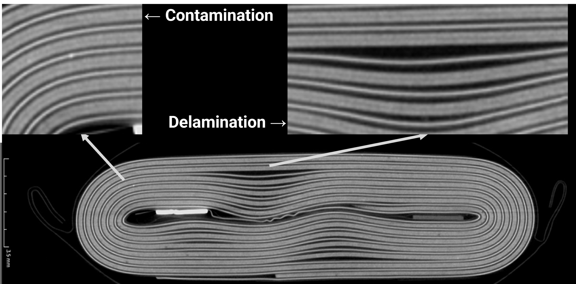 Battery defects inside overview scan of pouch cell
