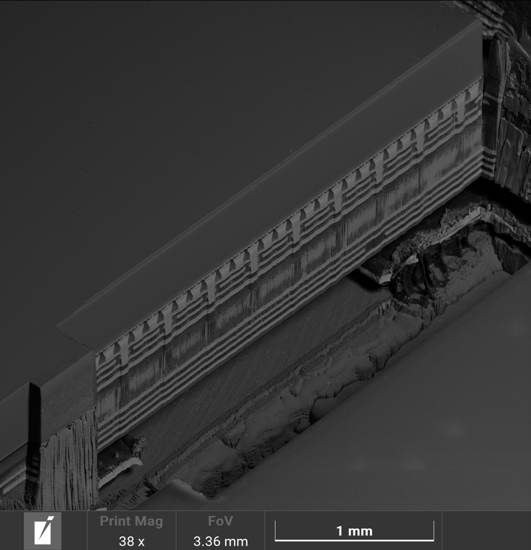 Tescan SOLARIS X 2 Plasma FIB-SEM 4 mm package-level cross-section prepared by laser for semiconductor failure analysis