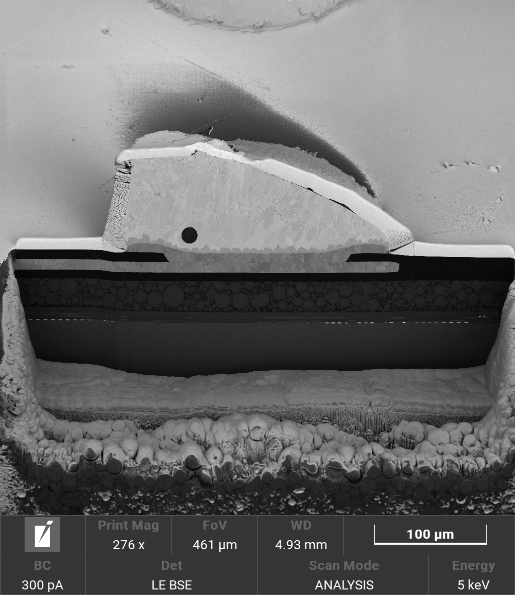 Tescan SOLARIS X 2 500 µm wide cross section of solder bump, including under-bump metallurgy and IC circuits, imaged with LE-BSE detector at 5 keV
