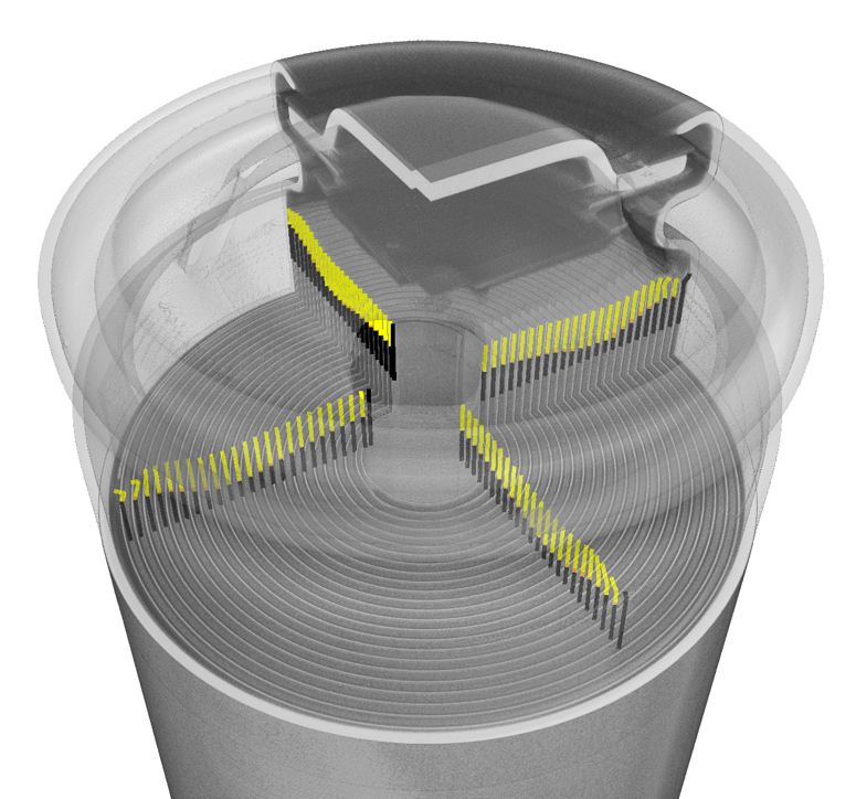 3D render of Li-ion battery with anode overhangs highlighted