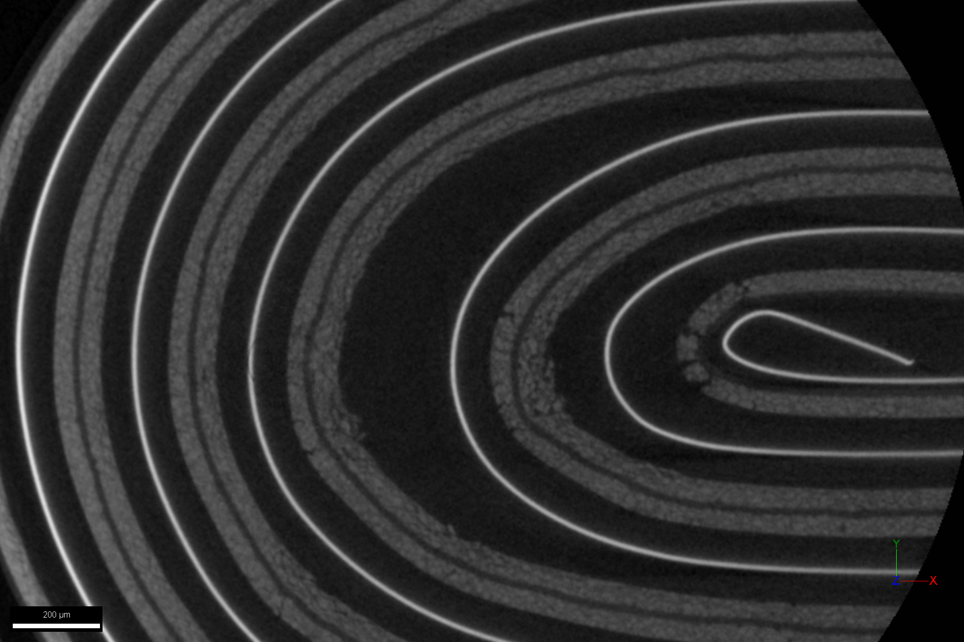 Virtual slice through pouch cell highlighting cracks